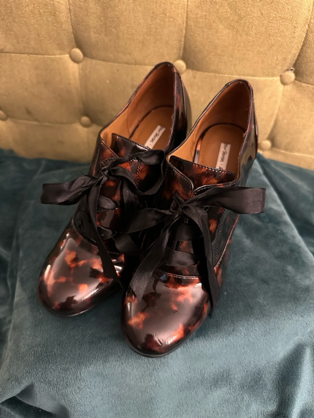 NWOT & Other Stories Tortoiseshell Patent Lace-Up Boots with Black Ribbon